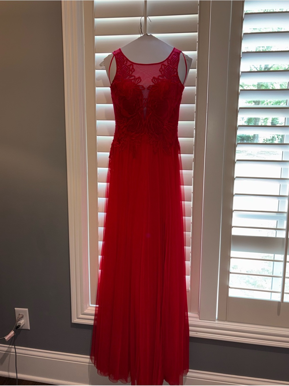 Basix black label red formal gown with floral embroidery